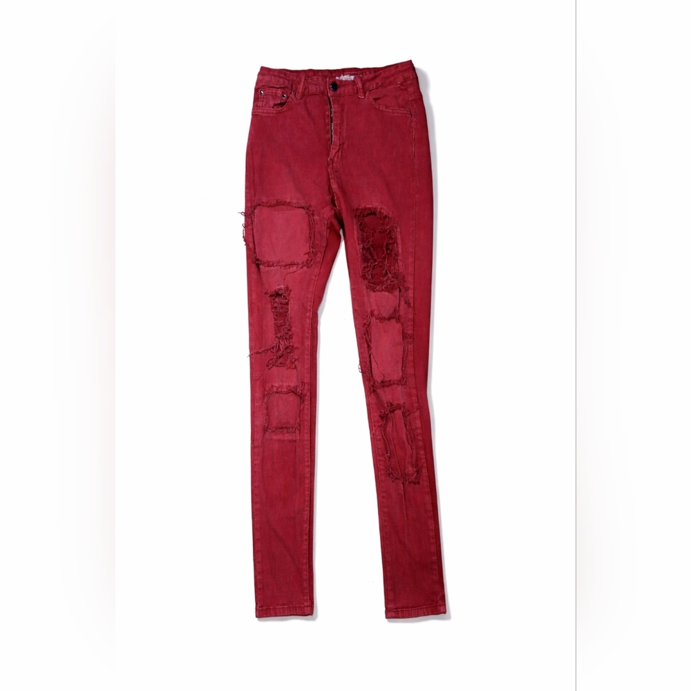 American Bazi Red Distressed Skinny Jeans